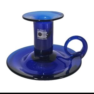 Handmade Blenko Cobalt Blue Glass Candle Holder with Finger Holder - Pontil